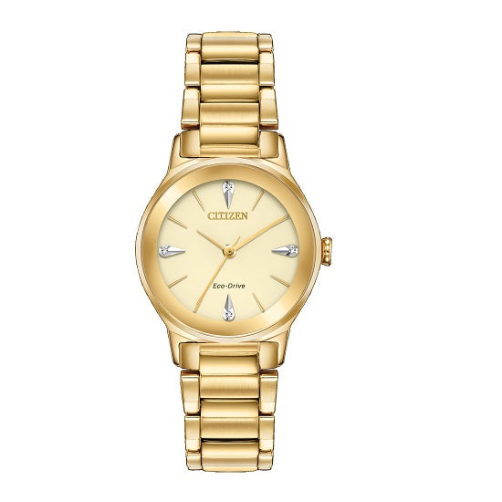 Citizen Diamond Accent with 28X28 MM Champagne Round Dial Stainless Steel Watch Band; EM0732-51P