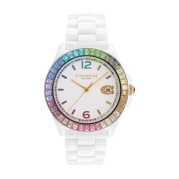 Coach Greyson Rainbow Crystal Accent 36MM White Ceramic Watch; 14504019