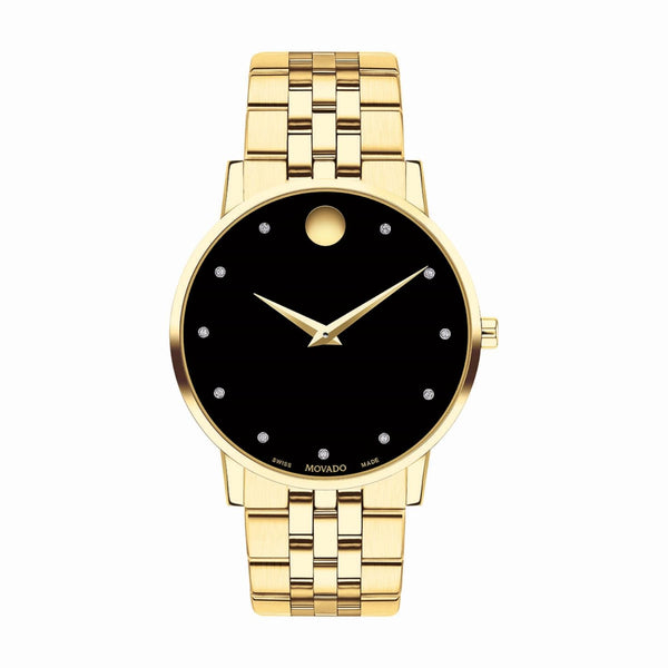 Movado 40MM Black Diamond Dial Yellow Stainless Steel Watch; 0607625