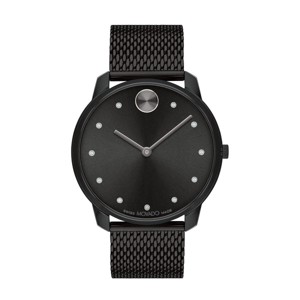 Movado BOLD Thin 42MM Crystal Accent Dial Black Steel Mesh Band; 3600904