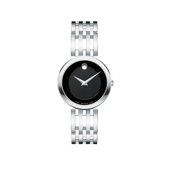 Movado with 28MM Black Round Dial Stainless Steel Watch Band; 0607051