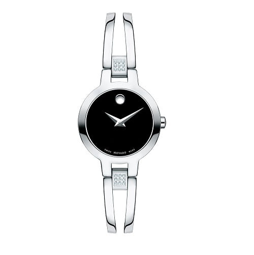 Movado with 24MM Black Round Dial Stainless Steel Watch Band; 0607154