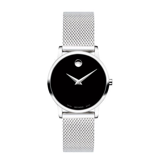 Movado with 28MM Black Round Dial Stainless Steel Watch Band; 0607220