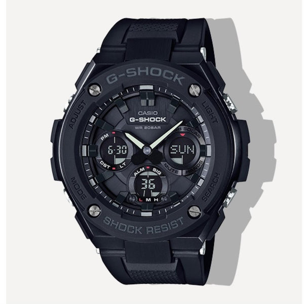G-Shock with 52X52 MM Black Round Dial Resin Band Strap; GSTS100G-1B. Comes with Free G-Shock Organizer Bag.