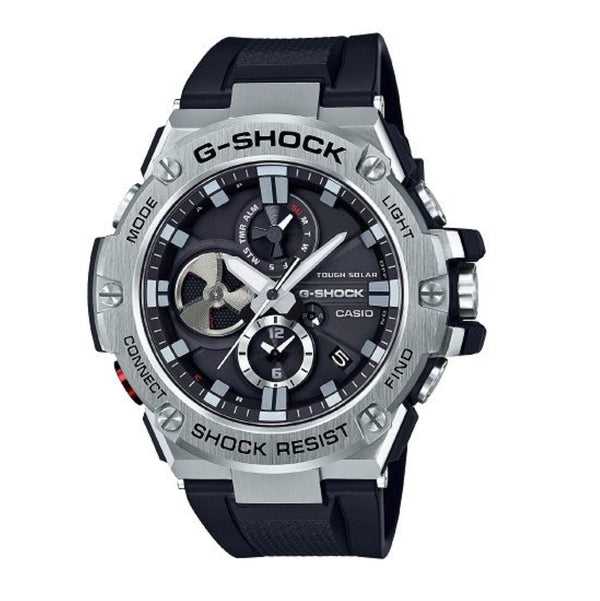 G-Shock with 58X54 MM Black Round Dial Resin Band Strap; GSTB100-1A. Comes with Free G-Shock Organizer Bag.