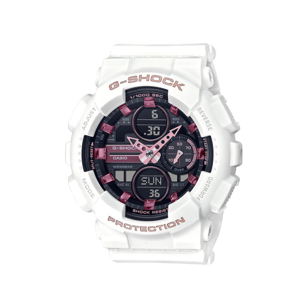 G-Shock Analog-Digital Pink Accent Black Face with White Strap G-Shock Analog-Digital Pink Accent Black Face with White Strap