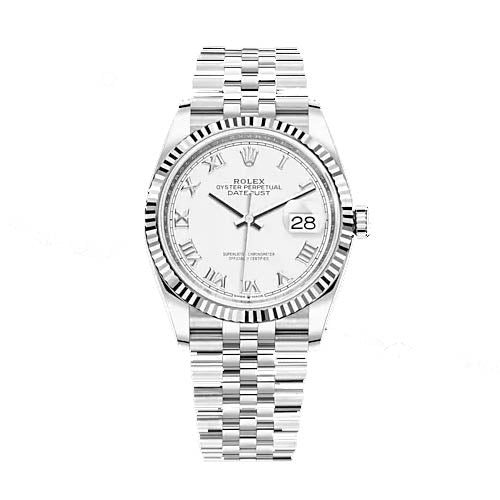 Certified Pre-Owned Rolex White Stainless Steel Oyster Perpetual Datejust with 36X36 MM Silvertone Round Dial; with 18K Gold Bezel