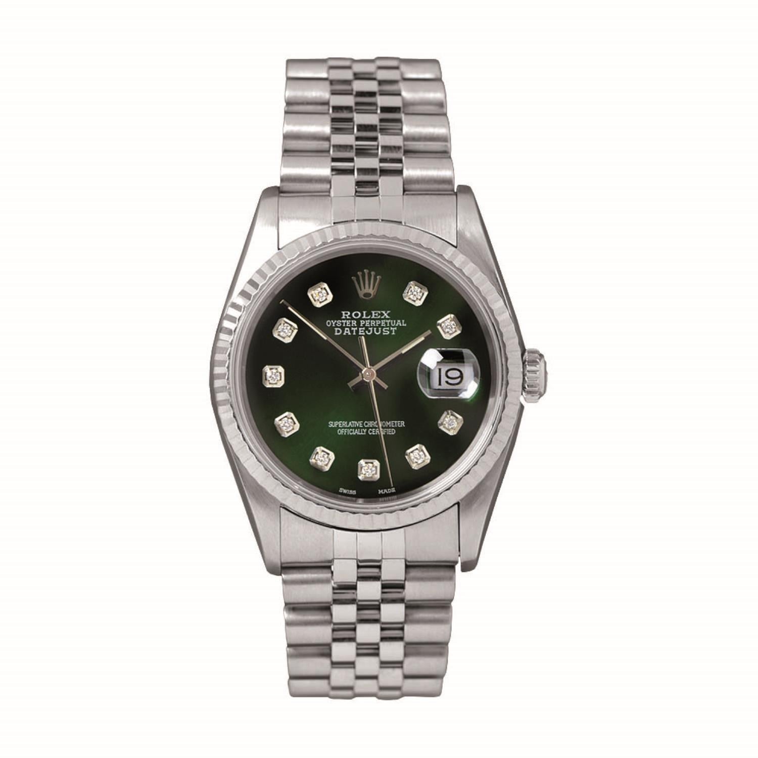 Pre-Owned Rolex Diamond Accent Oyster Perpetual Datejust with 36X36 MM Green Round Dial Stainless Steel Jubilee. 10159
