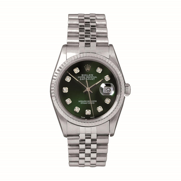 Certified Pre-Owned Rolex Diamond Accent Oyster Perpetual Datejust with 36X36 MM Green Round Dial Stainless Steel Jubilee; 10159