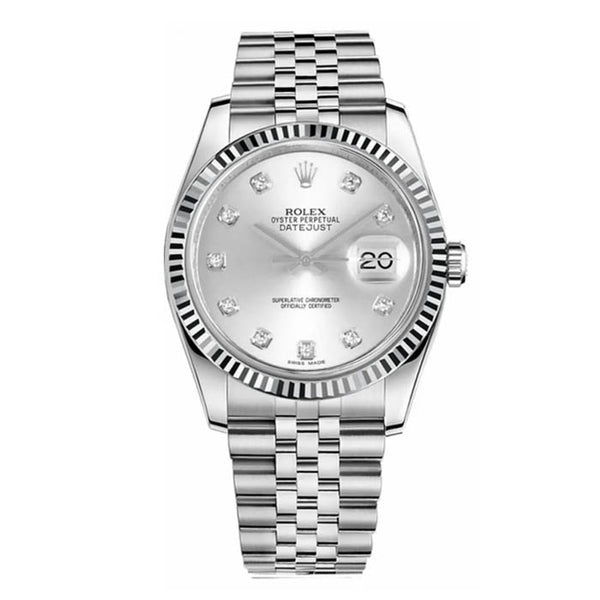 Certified Pre-Owned Rolex Diamond Accent Oyster Perpetual Datejust with 36X36 MM Silvertone Round Dial Stainless Steel Jubilee; 18K Bezel
