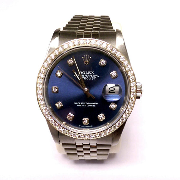 Certified Pre-Owned Rolex Diamond Accent Oyster Perpetual Datejust with 36X36 MM Blue Round Dial Stainless Steel Jubilee; 10252