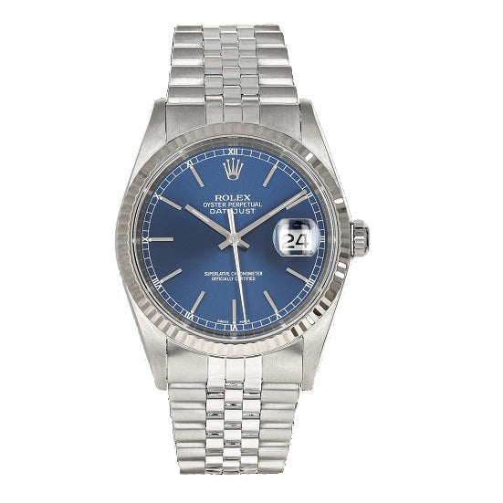 Certified Pre-Owned Rolex White Stainless Steel Oyster Perpetual Datejust with 36X36 MM Blue Round Dial; with 18K Gold Bezel