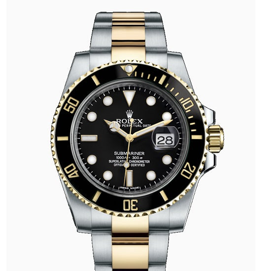 Certified Pre-Owned Rolex Two-Tone Steel & 18K Yellow Gold Oyster Perpetual Submariner with 40X40 MM Black Round Dial; With Aluminum Bezel