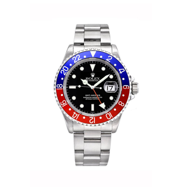 Certified Pre-Owned Rolex White Stainless Steel Oyster Perpetual GMT-Master with 40X40 MM Black Round Dial; "Pepsi"