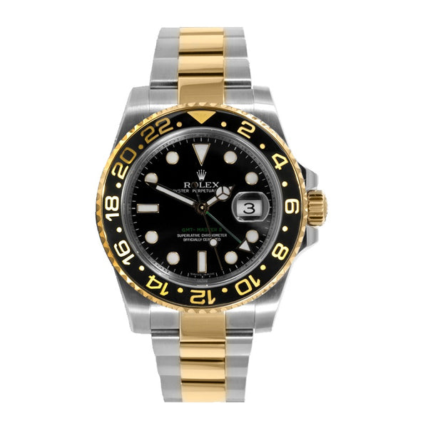 Certified Pre-Owned Rolex Two-Tone Steel & 18K Yellow Gold GMT-Master II Oyster Perpetual with 40X40 MM Black Round Dial; With Ceramic Bezel