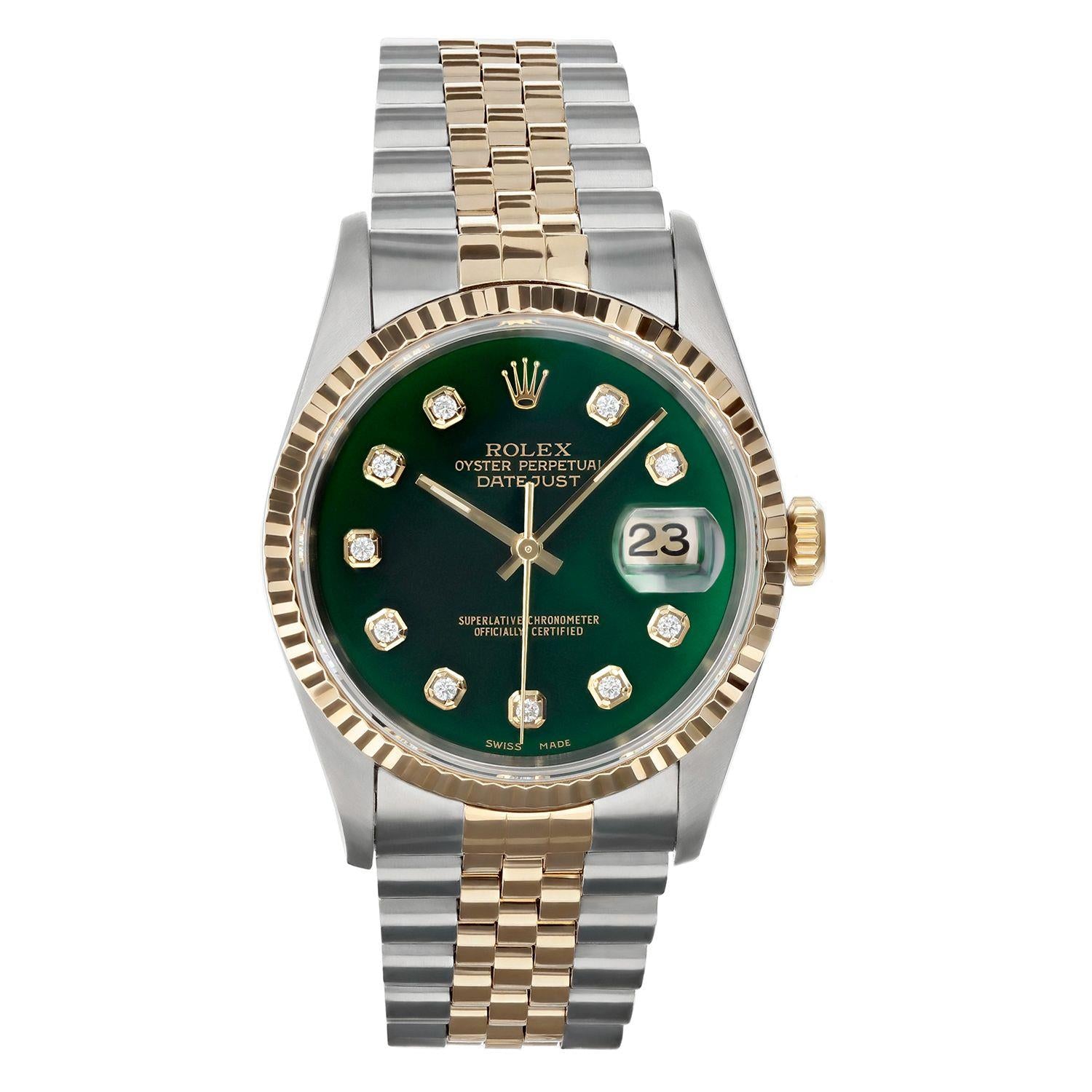 Pre-Owned Rolex Diamond Accent Oyster Perpetual Datejust with 36X36 MM Green Round Dial Steel & 18K Yellow Gold Jubilee. 10209-GREEN