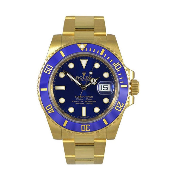 Certified Pre-Owned Rolex Yellow 18KT Gold Oyster Perpetual Submariner with 40X40 MM Blue Round Dial; 16618