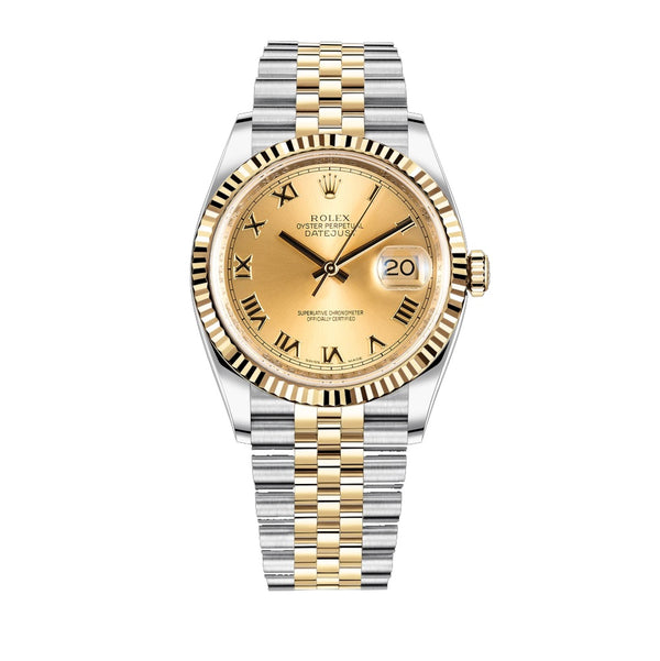 Certified Pre-Owned Rolex Two-Tone Steel & 18K Yellow Gold Oyster Perpetual Datejust with 36X36 MM Champagne Round Dial; With Hidden Buckle