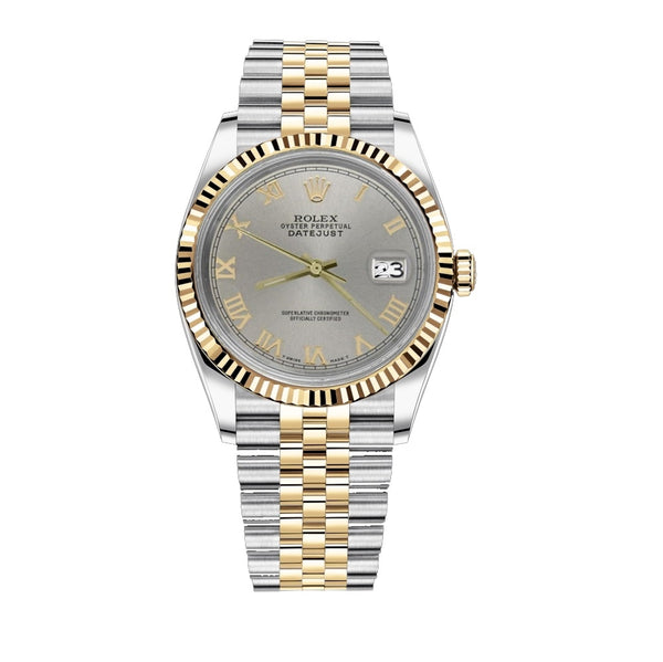 Certified Pre-Owned Rolex Two-Tone Steel & 18K Yellow Gold Oyster Perpetual Datejust with 36X36 MM Grey Round Dial; With Hidden Buckle