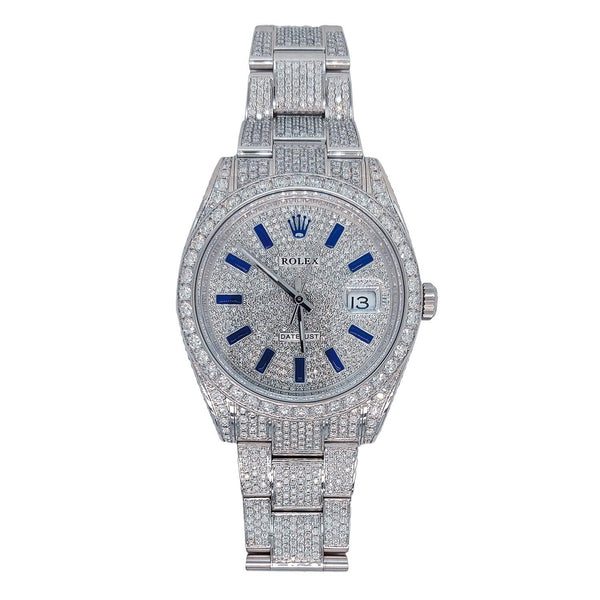 Certified Pre-Owned Rolex Diamond Accent Oyster Perpetual Datejust with 41X41 MM Pave Diamond Round Dial Stainless Steel Oyster; Blue Sapphire Markers