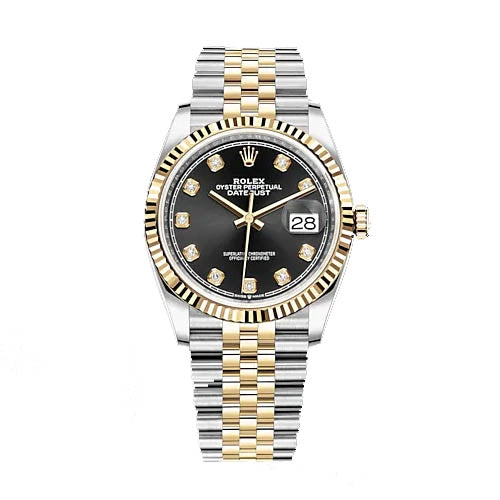 Certified Pre-Owned Rolex Diamond Accent Oyster Perpetual Datejust with 36X36 MM Black Round Dial Steel & 18K Yellow Gold Jubilee