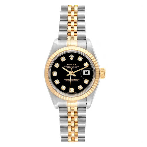 Certified Pre-Owned Rolex Diamond Accent Oyster Perpetual Lady-Datejust with 26X26 MM Black Round Dial Steel & 18K Yellow Gold Jubilee; 20201