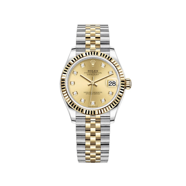Certified Pre-Owned Rolex Diamond Accent Oyster Perpetual Lady-Datejust with 31X31 MM Champagne Round Dial Steel & 18K Yellow Gold Jubilee; Midsize Hidden Buckle