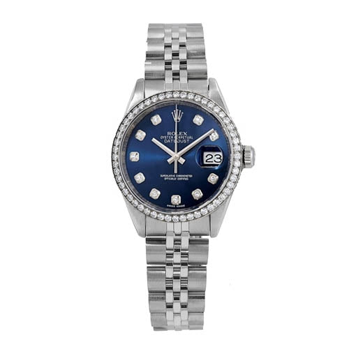 Certified Pre-Owned Rolex Diamond Accent Oyster Perpetual Lady-Datejust with 26X26 MM Blue Round Dial Stainless Steel Jubilee; Pave Diamond