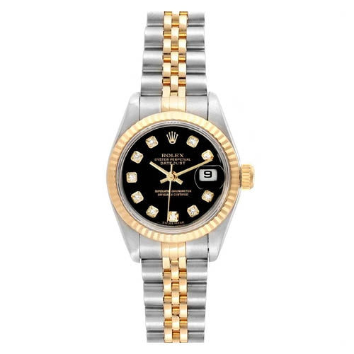 Certified Pre-Owned Rolex Diamond Accent Oyster Perpetual Lady-Datejust with 26X26 MM Black Round Dial Steel & 18K Yellow Gold Jubilee; 69173.2