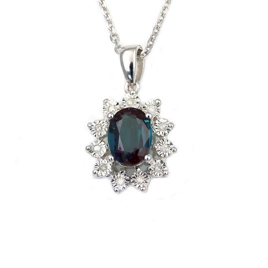 8X6MM Oval Alexandrite and Diamond 18" Pendant in Sterling Silver