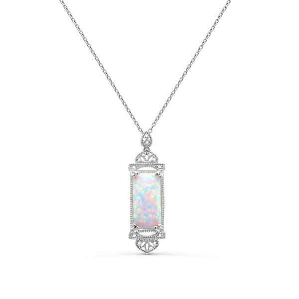 Red Hot Deal 14X7MM Baguette Opal and Diamond Fashion 18" Pendant in Sterling Silver