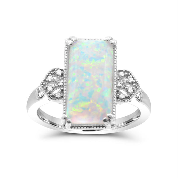 Red Hot Deal 14X7MM Baguette Opal and Diamond Fashion Ring in Sterling Silver