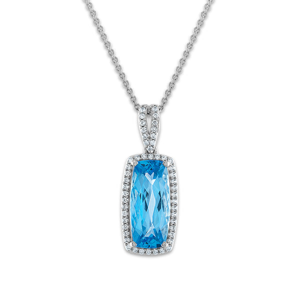 Red Hot Deal 15X7MM Cushion Swiss Blue Topaz and Sapphire Halo 18" Pendant in Sterling Silver
