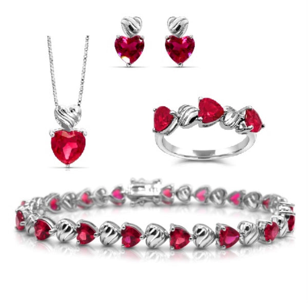 Ruby Ring Pendant Earrings and Bracelet 4-Piece Set in Sterling Silver