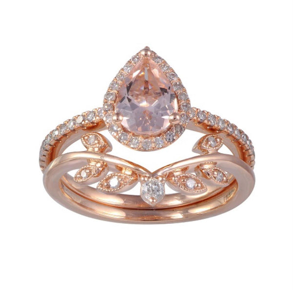 8X6MM Pear Morganite and Diamond Bridal Set Ring in 10KT Rose Gold
