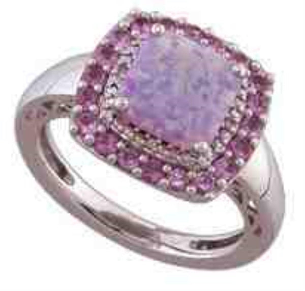 Cushion Opal and Pink Sapphire Gem Stone Ring in Sterling Silver