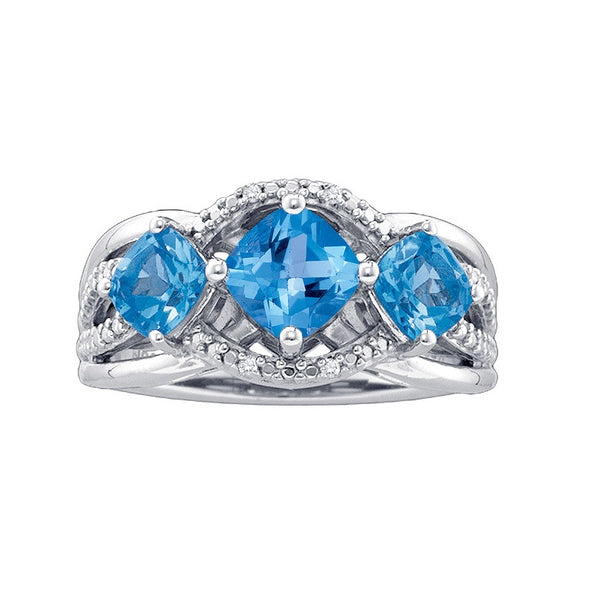 Cushion Blue Topaz and Diamond Three Stone Ring in Sterling Silver