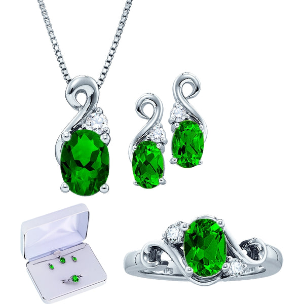 Created Emerald and White Topaz Ring Pendant Earrings Set