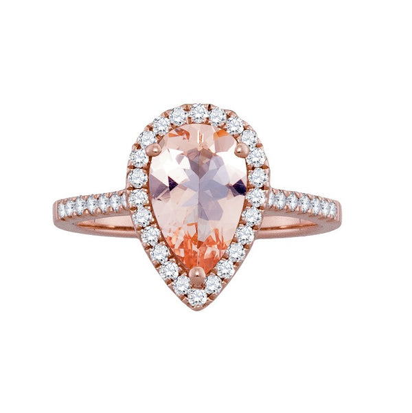 Color Sensations 7X10MM Pear Morganite and Diamond Halo Engagement Ring in 14KT Rose Gold