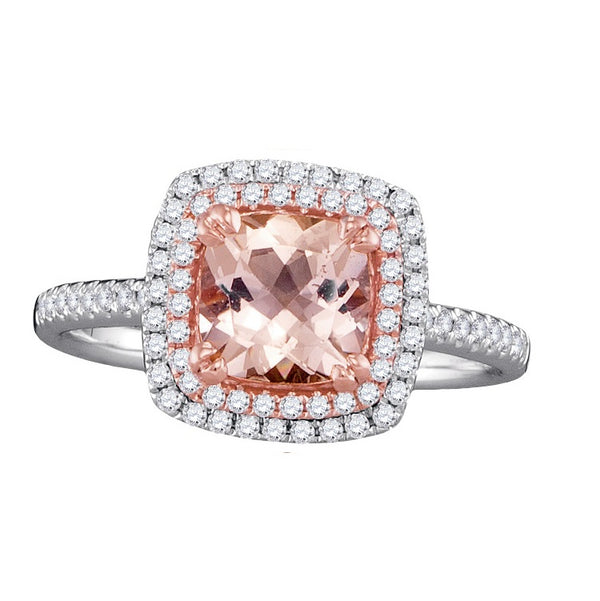 7MM Cushion Morganite and Diamond Halo Ring in 14KT White and Rose Gold
