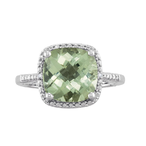 Green Amethyst and Diamond Ring in Sterling Silver