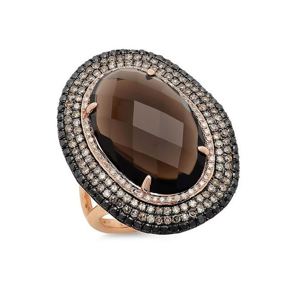Oval Smokey Quartz and Diamond Halo Fashion Ring in 14KT Rose Gold