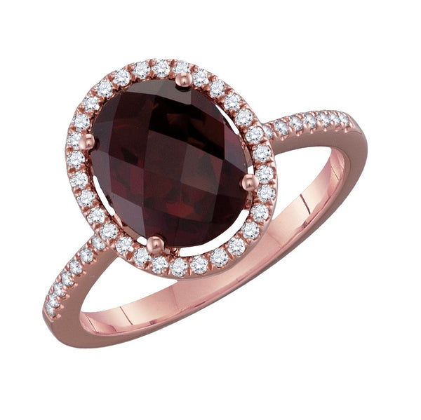 10X8MM Oval Garnet and Diamond Halo Ring in 14KT Rose Gold