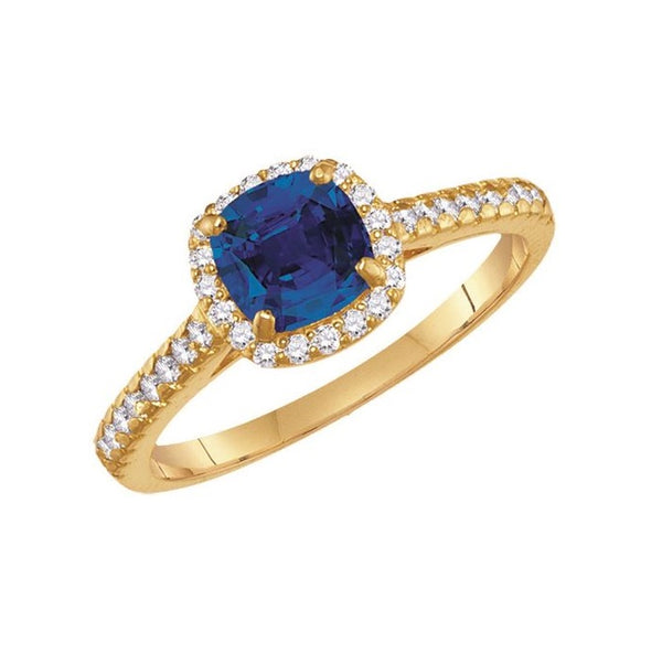 6MM Cushion Blue Sapphire and White Sapphire Birthstone Ring in 10KT Yellow Gold