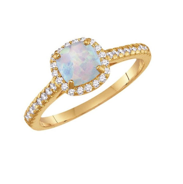 6MM Cushion Opal and White Sapphire Birthstone Ring in 10KT Yellow Gold