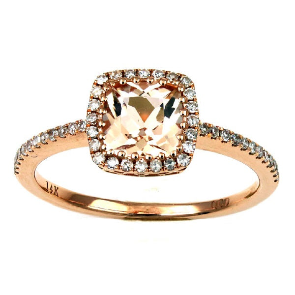 Color Sensations 6MM Cushion Morganite and Diamond Halo Engagement Ring in 14KT Rose Gold