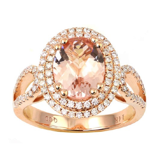 10X8MM Oval Morganite and Diamond Halo Engagement Ring in 14KT Rose Gold