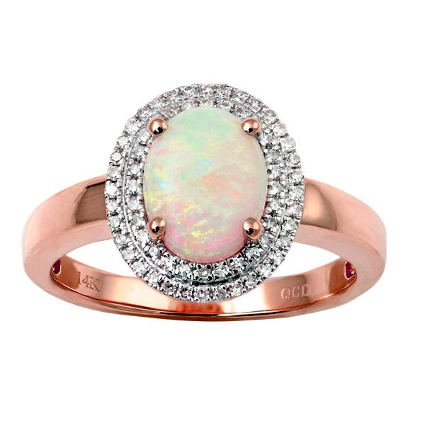 Color Sensations 9X7MM Oval Opal and Diamond Halo Ring in 14KT Rose Gold