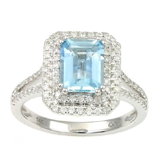 Color Sensations 8X6MM Emerald Shape Aquamarine and Diamond Gem Stone Halo Engagement Ring in 14KT White Gold