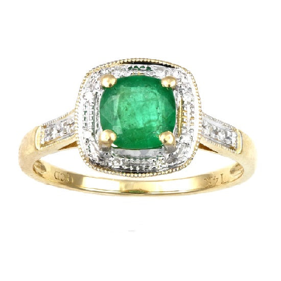 Color Sensations 6MM Cushion Emerald and Diamond Gem Stone Ring in 14KT Yellow Gold